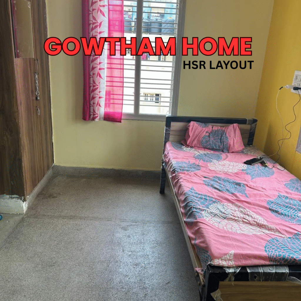 Single bed room at Gowtham Home, HSR Layout, Bangalore with natural light and essential amenities.